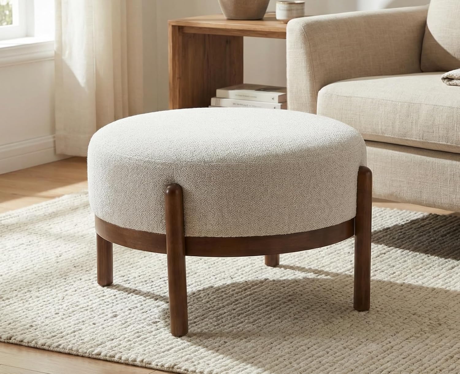 Outdoor Furniture Wood - Sherpa Fabric Ottoman Bench with Wooden